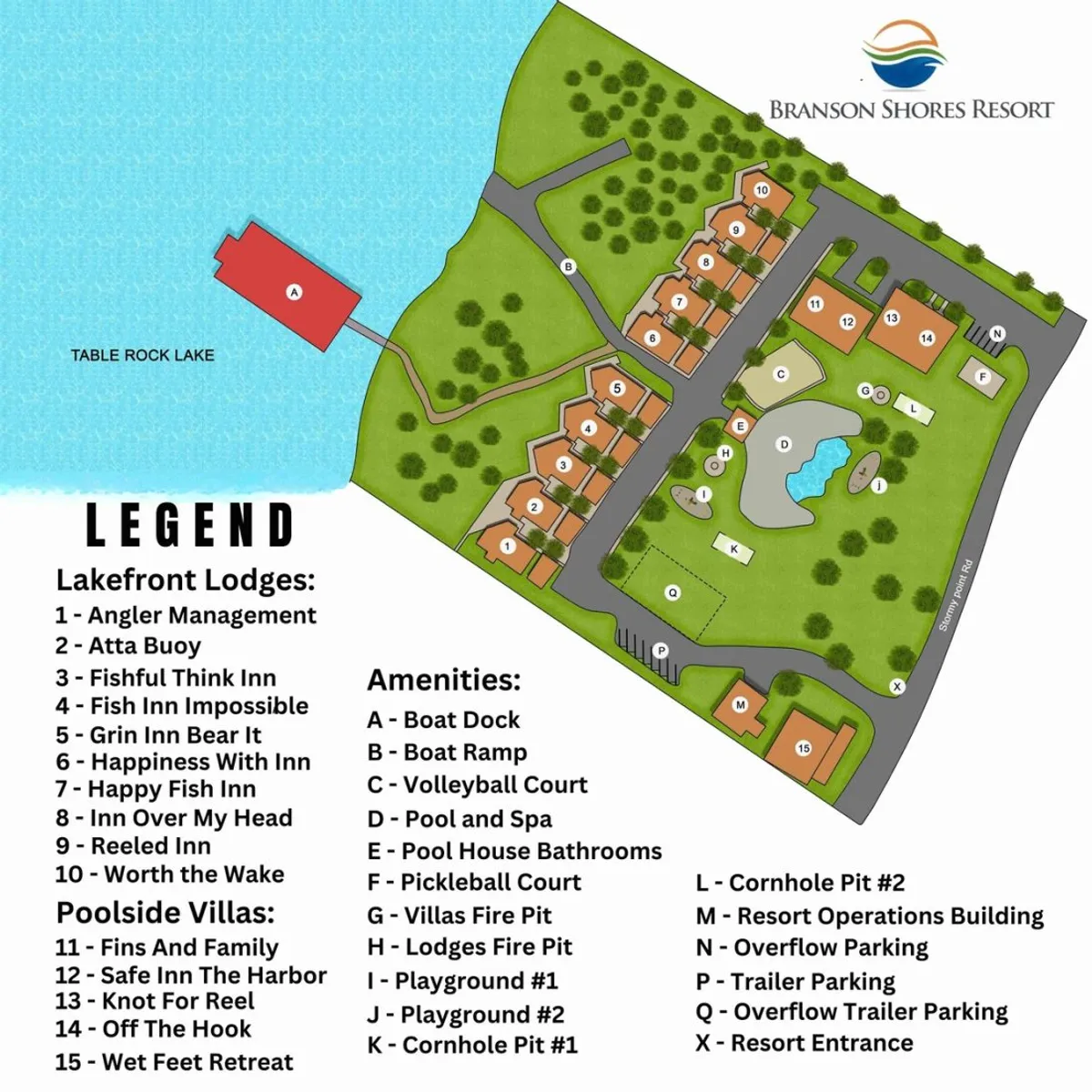 An exterior, wide-angle view showcasing Table Rock Lake, the Lakefront Lodges, a sparkling pool and spa area, and nearby playgrounds. The scene captures guests fishing, swimming, playing outdoor games, and gathering for family fun—all framed by a beautiful sunset over the water.