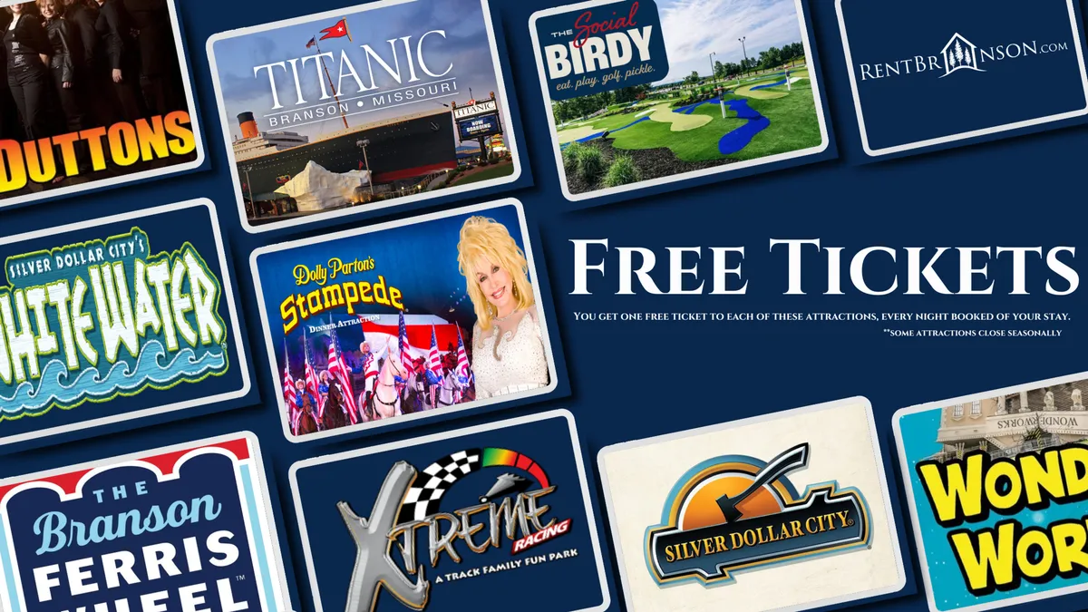 A vibrant interior display featuring attraction logos and text announcing 'Free Tickets,' along with colorful imagery that hints at Branson's entertainment and amusement highlights. The visuals suggest fun-filled days out at local shows, parks, and family attractions.